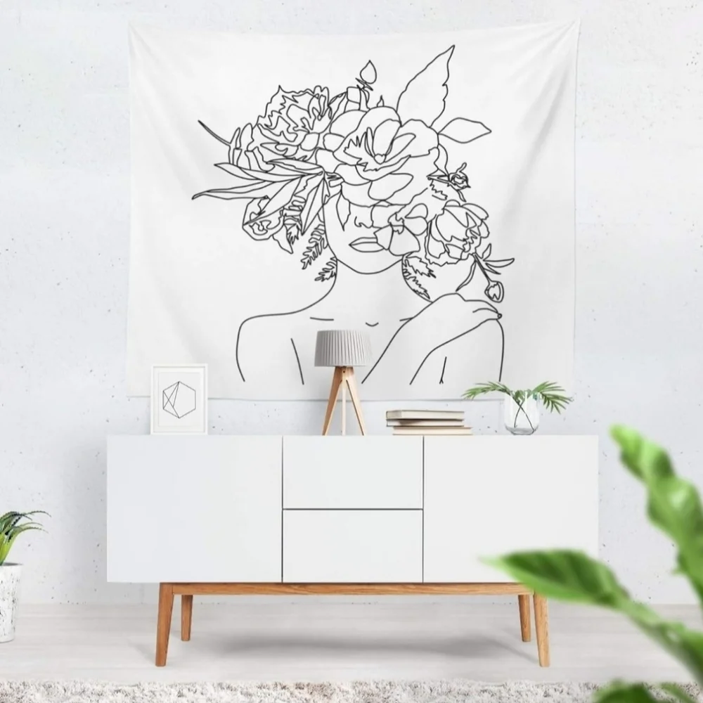 NWT Black & White Floral Woman Line Art Tapestry